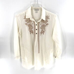 Coldwater Creek Womens Popover Top Linen‎ Tunic White Embroidered Boho Sz PS